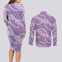 Purple Hawaii Palaka Honohono Pikake Couples Matching Long Sleeve Bodycon Dress and Long Sleeve Button Shirt Hawaiian Orchid Lei Polynesian Pattern - Polynesian Pride