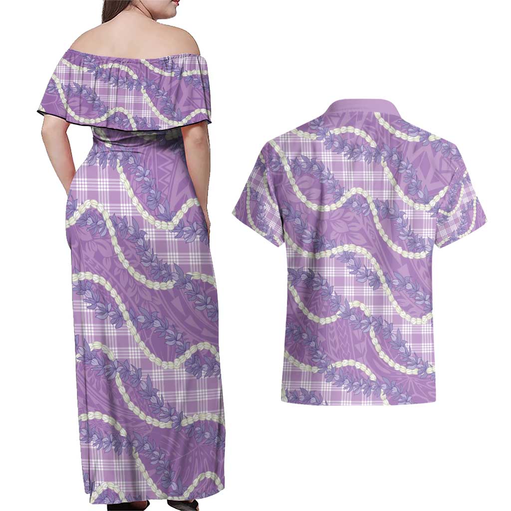 Purple Hawaii Palaka Honohono Pikake Couples Matching Off Shoulder Maxi Dress and Hawaiian Shirt Hawaiian Orchid Lei Polynesian Pattern - Polynesian Pride