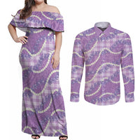 Purple Hawaii Palaka Honohono Pikake Couples Matching Off Shoulder Maxi Dress and Long Sleeve Button Shirt Hawaiian Orchid Lei Polynesian Pattern - Polynesian Pride