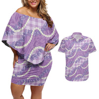 Purple Hawaii Palaka Honohono Pikake Couples Matching Off Shoulder Short Dress and Hawaiian Shirt Hawaiian Orchid Lei Polynesian Pattern - Polynesian Pride