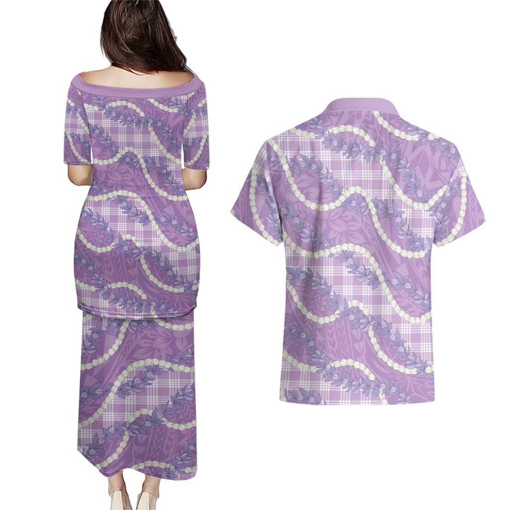 Purple Hawaii Palaka Honohono Pikake Couples Matching Puletasi and Hawaiian Shirt Hawaiian Orchid Lei Polynesian Pattern - Polynesian Pride