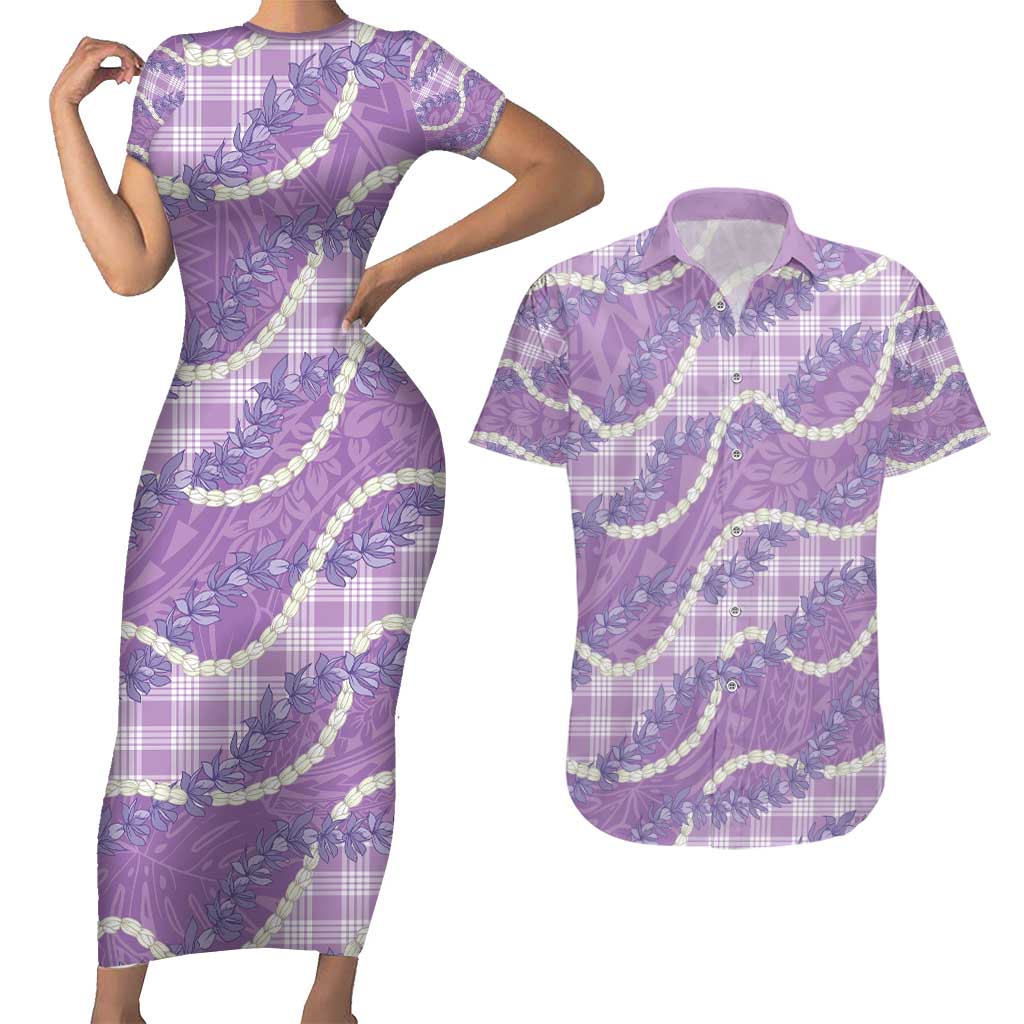 Purple Hawaii Palaka Honohono Pikake Couples Matching Short Sleeve Bodycon Dress and Hawaiian Shirt Hawaiian Orchid Lei Polynesian Pattern - Polynesian Pride
