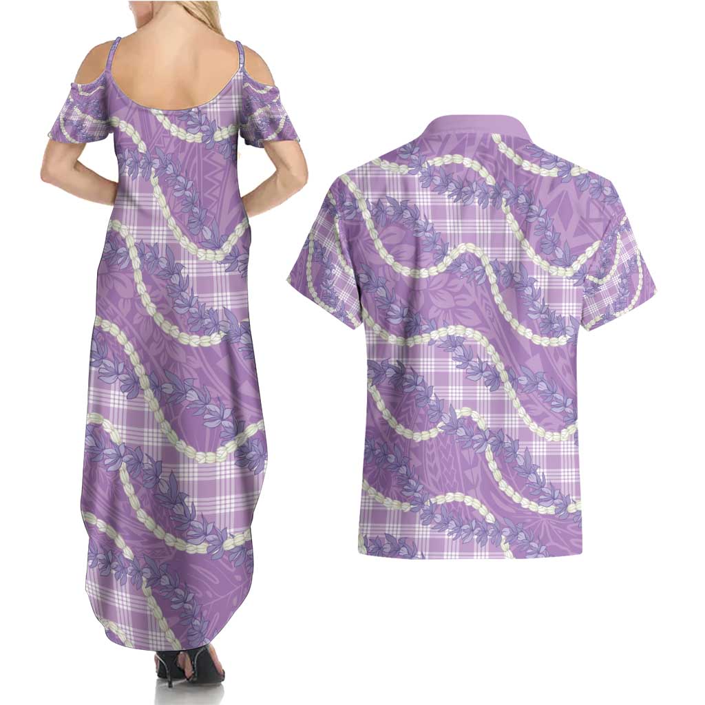 Purple Hawaii Palaka Honohono Pikake Couples Matching Summer Maxi Dress and Hawaiian Shirt Hawaiian Orchid Lei Polynesian Pattern - Polynesian Pride