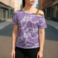 Purple Hawaii Palaka Honohono Pikake Cross Shoulder Shirt Hawaiian Orchid Lei Polynesian Pattern - Polynesian Pride