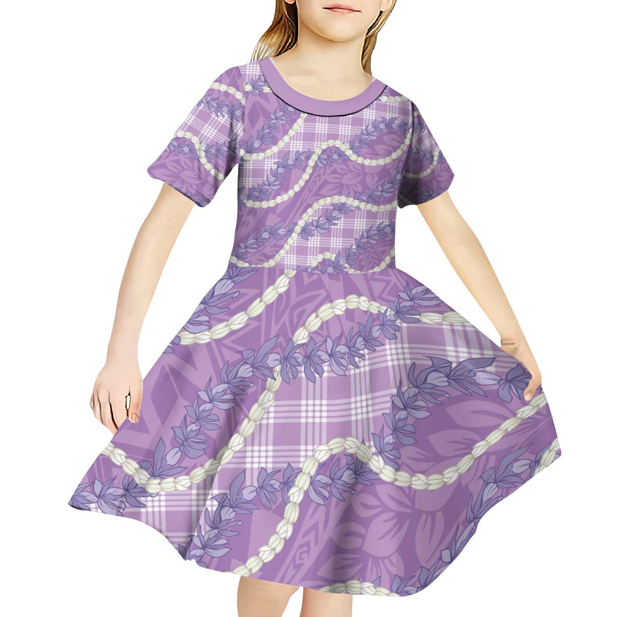 Purple Hawaii Palaka Honohono Pikake Kid Short Sleeve Dress Hawaiian Orchid Lei Polynesian Pattern - Polynesian Pride