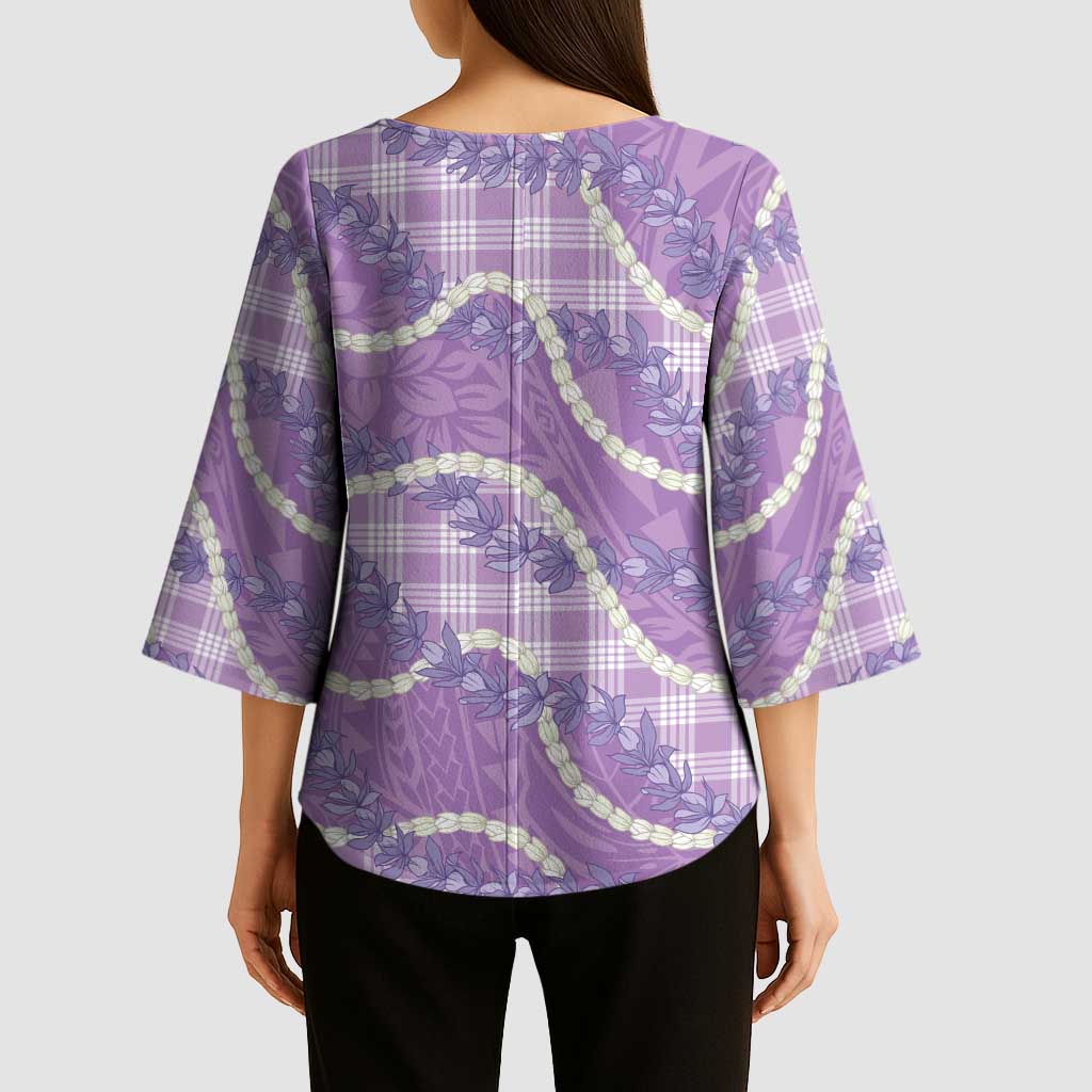 Purple Hawaii Palaka Honohono Pikake Kimono Sleeve Blouse Hawaiian Orchid Lei Polynesian Pattern - Polynesian Pride