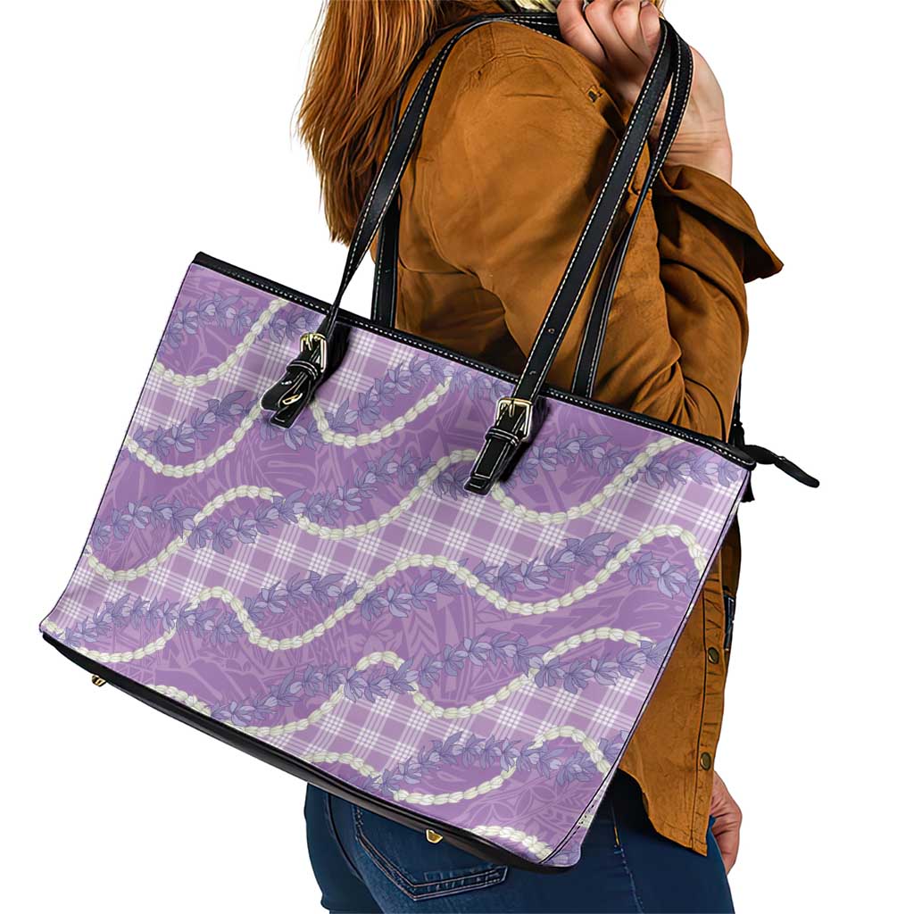 Purple Hawaii Palaka Honohono Pikake Leather Tote Bag Hawaiian Orchid Lei Polynesian Pattern - Polynesian Pride