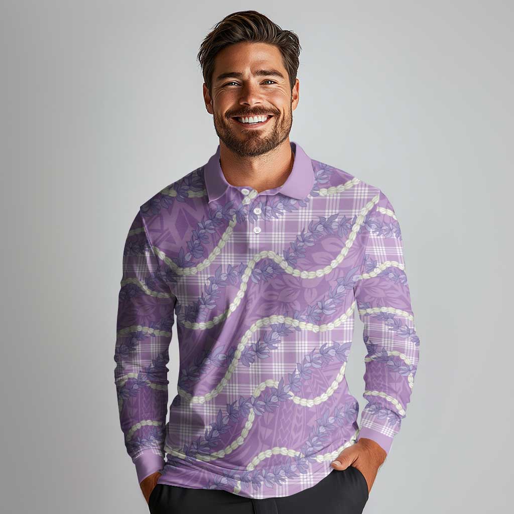 Purple Hawaii Palaka Honohono Pikake Long Sleeve Polo Shirt Hawaiian Orchid Lei Polynesian Pattern - Polynesian Pride