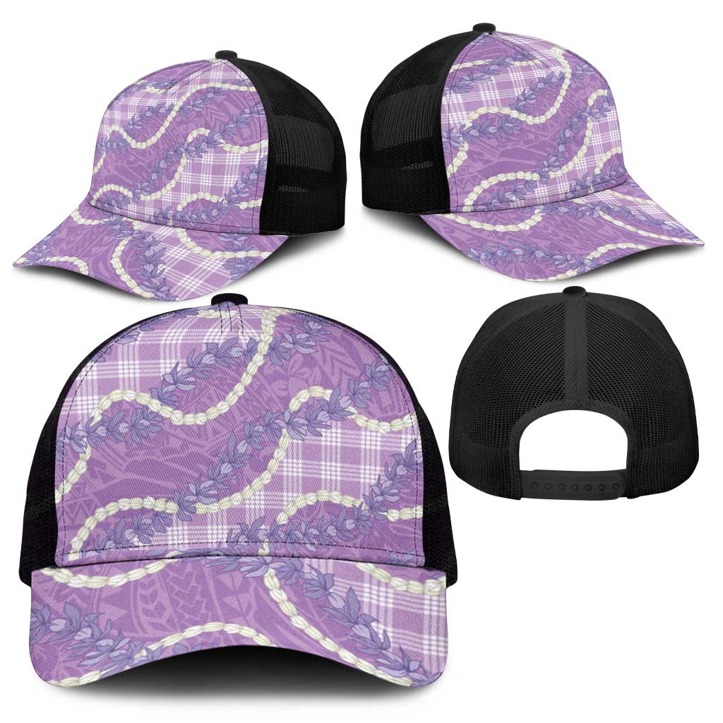 Purple Hawaii Palaka Honohono Pikake Mesh Trucker Cap Hawaiian Orchid Lei Polynesian Pattern - Polynesian Pride