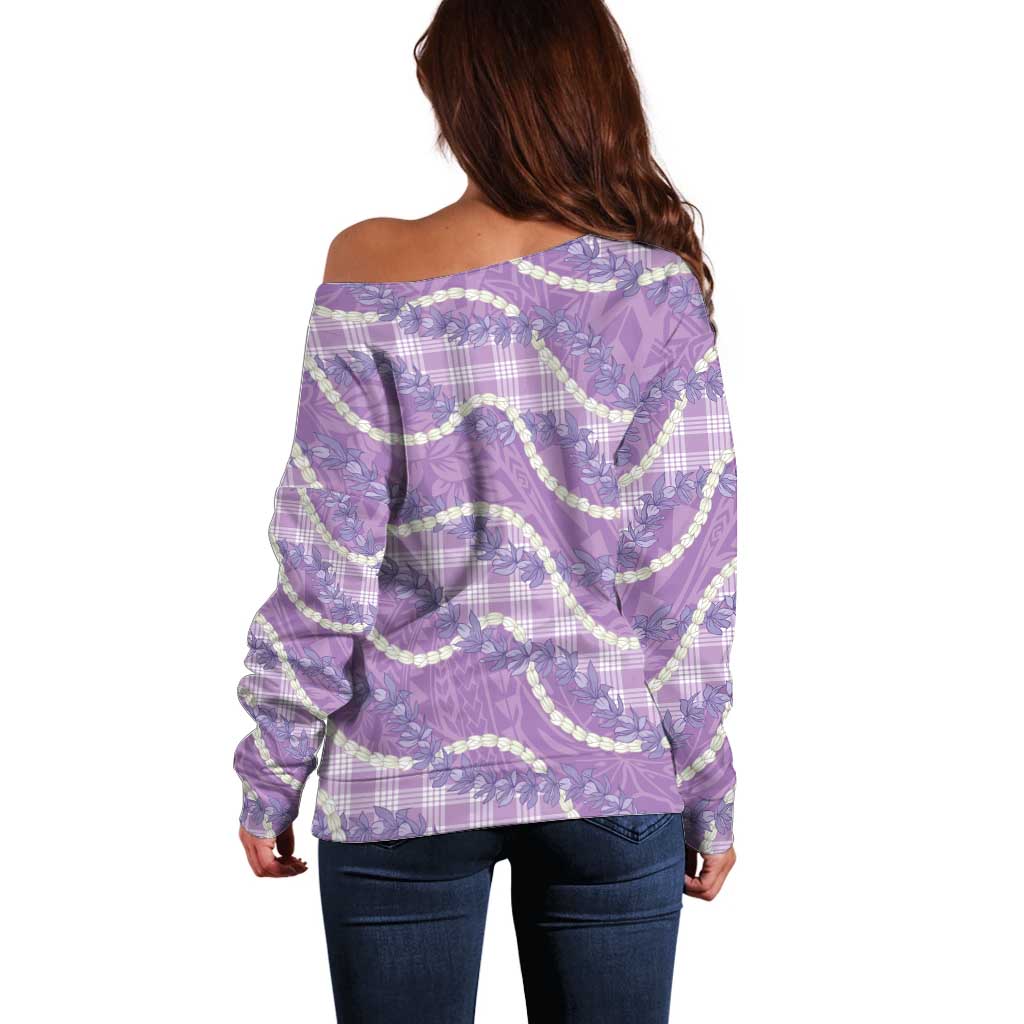 Purple Hawaii Palaka Honohono Pikake Off Shoulder Sweater Hawaiian Orchid Lei Polynesian Pattern - Polynesian Pride