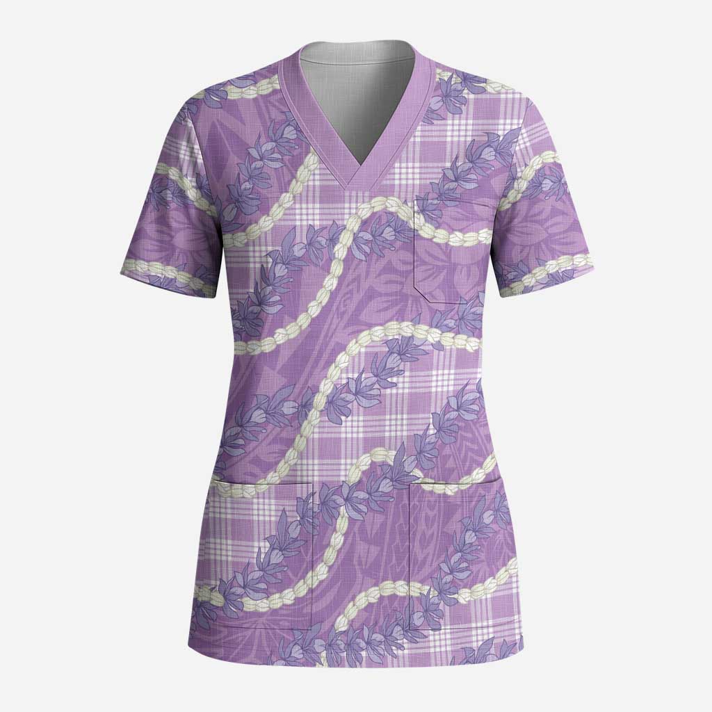 Purple Hawaii Palaka Honohono Pikake Scrub Top Hawaiian Orchid Lei Polynesian Pattern - Polynesian Pride