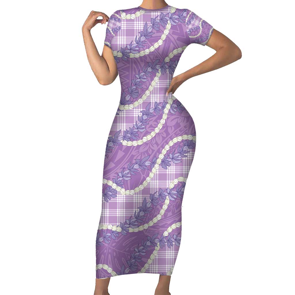 Purple Hawaii Palaka Honohono Pikake Short Sleeve Bodycon Dress Hawaiian Orchid Lei Polynesian Pattern - Polynesian Pride