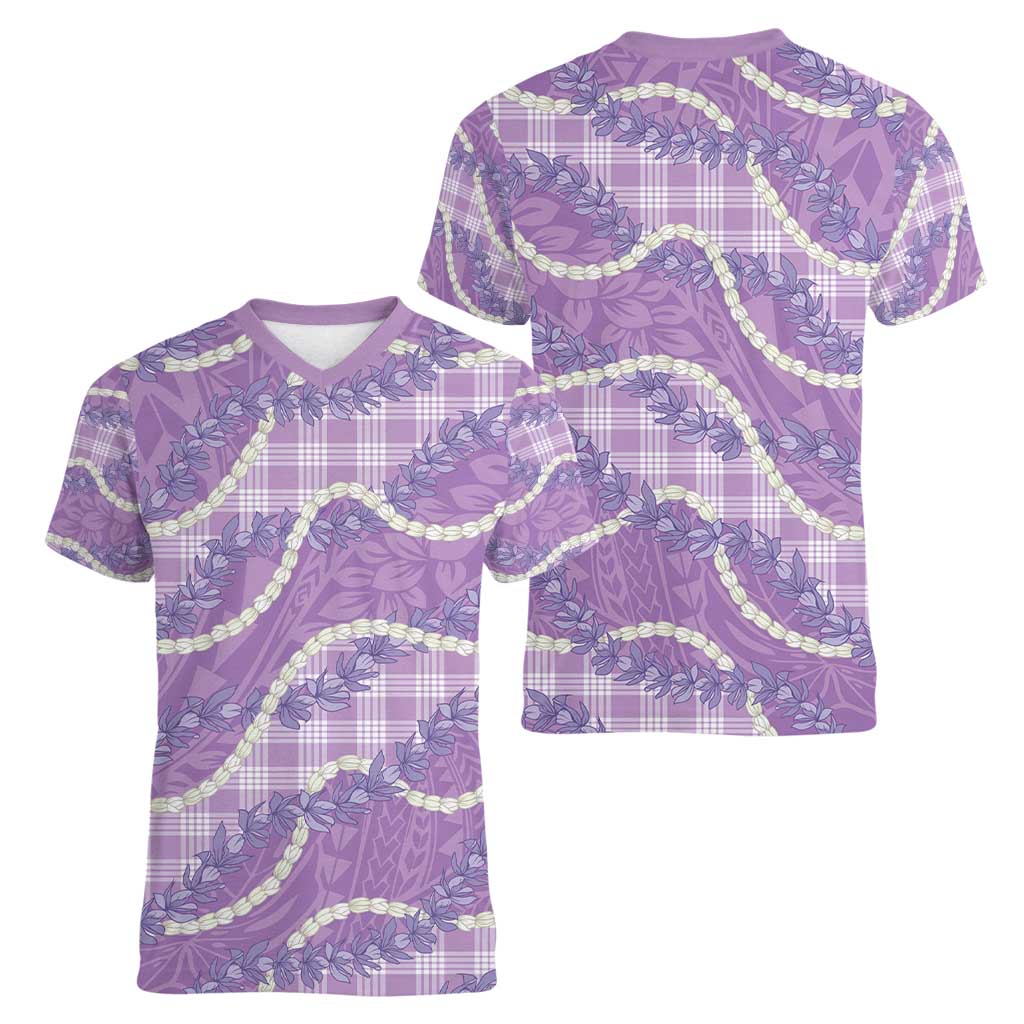 Purple Hawaii Palaka Honohono Pikake Women V-Neck T-Shirt Hawaiian Orchid Lei Polynesian Pattern - Polynesian Pride
