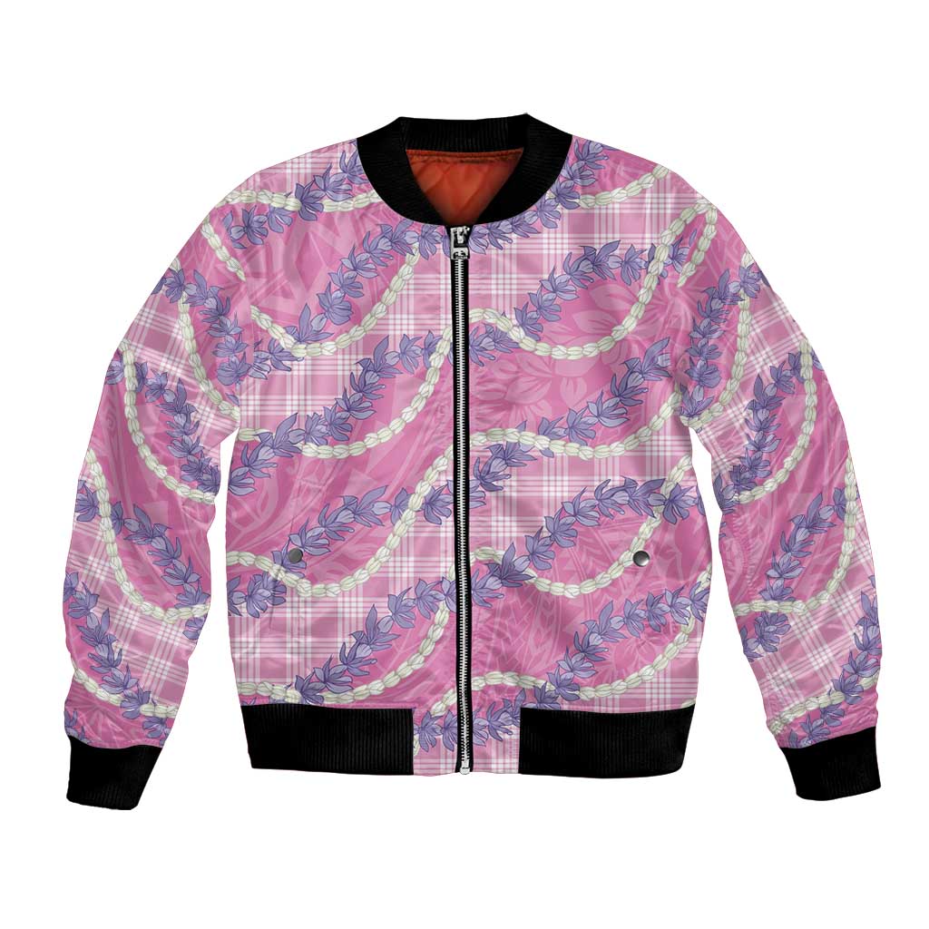 Pink Hawaii Palaka Honohono Pikake Bomber Jacket Hawaiian Orchid Lei Polynesian Pattern - Polynesian Pride