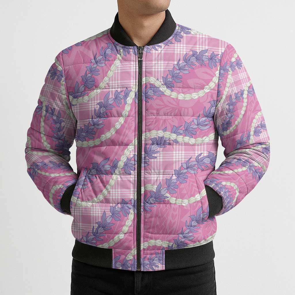 Pink Hawaii Palaka Honohono Pikake Bomber Puffer Jacket Hawaiian Orchid Lei Polynesian Pattern - Polynesian Pride
