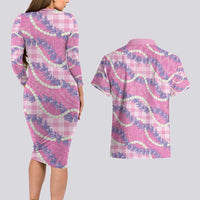 Pink Hawaii Palaka Honohono Pikake Couples Matching Long Sleeve Bodycon Dress and Hawaiian Shirt Hawaiian Orchid Lei Polynesian Pattern - Polynesian Pride