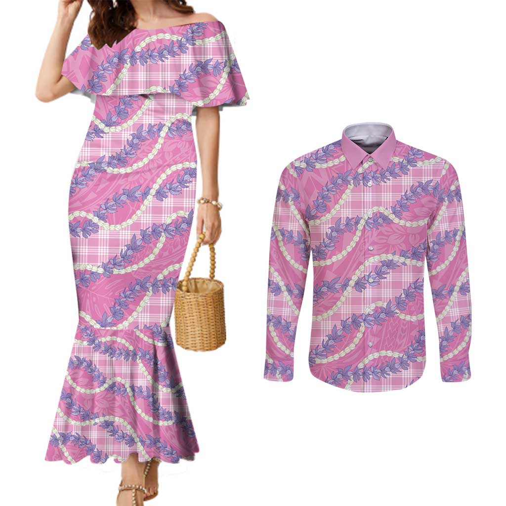 Pink Hawaii Palaka Honohono Pikake Couples Matching Mermaid Dress and Long Sleeve Button Shirt Hawaiian Orchid Lei Polynesian Pattern - Polynesian Pride