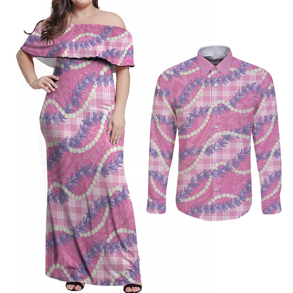Pink Hawaii Palaka Honohono Pikake Couples Matching Off Shoulder Maxi Dress and Long Sleeve Button Shirt Hawaiian Orchid Lei Polynesian Pattern - Polynesian Pride