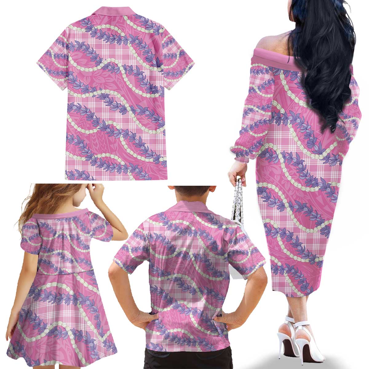 Pink Hawaii Palaka Honohono Pikake Family Matching Off The Shoulder Long Sleeve Dress and Hawaiian Shirt Hawaiian Orchid Lei Polynesian Pattern - Polynesian Pride