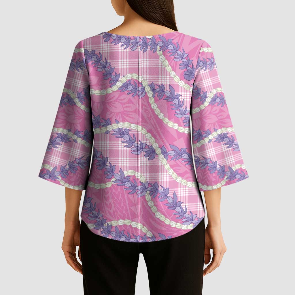 Pink Hawaii Palaka Honohono Pikake Kimono Sleeve Blouse Hawaiian Orchid Lei Polynesian Pattern - Polynesian Pride