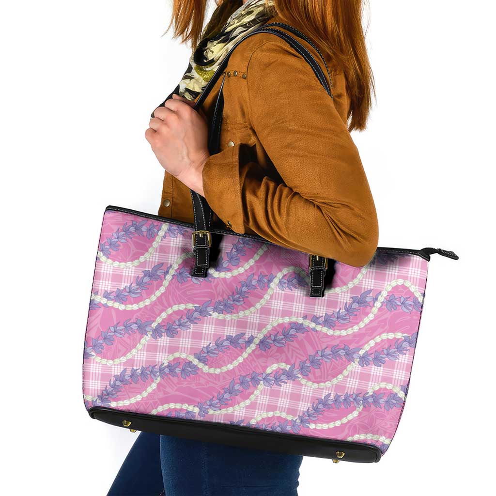 Pink Hawaii Palaka Honohono Pikake Leather Tote Bag Hawaiian Orchid Lei Polynesian Pattern - Polynesian Pride