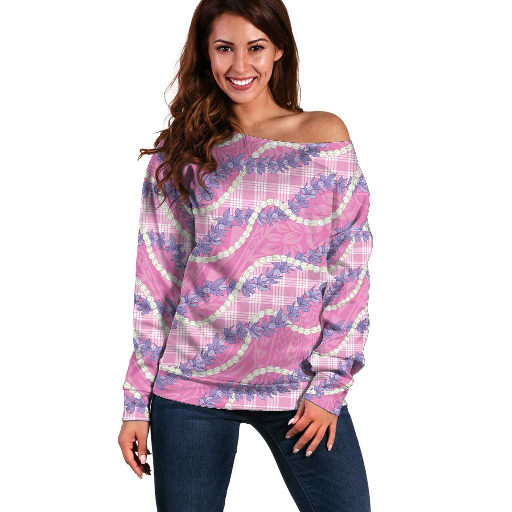 Pink Hawaii Palaka Honohono Pikake Off Shoulder Sweater Hawaiian Orchid Lei Polynesian Pattern - Polynesian Pride