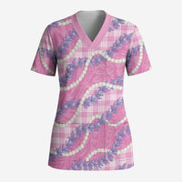 Pink Hawaii Palaka Honohono Pikake Scrub Top Hawaiian Orchid Lei Polynesian Pattern - Polynesian Pride