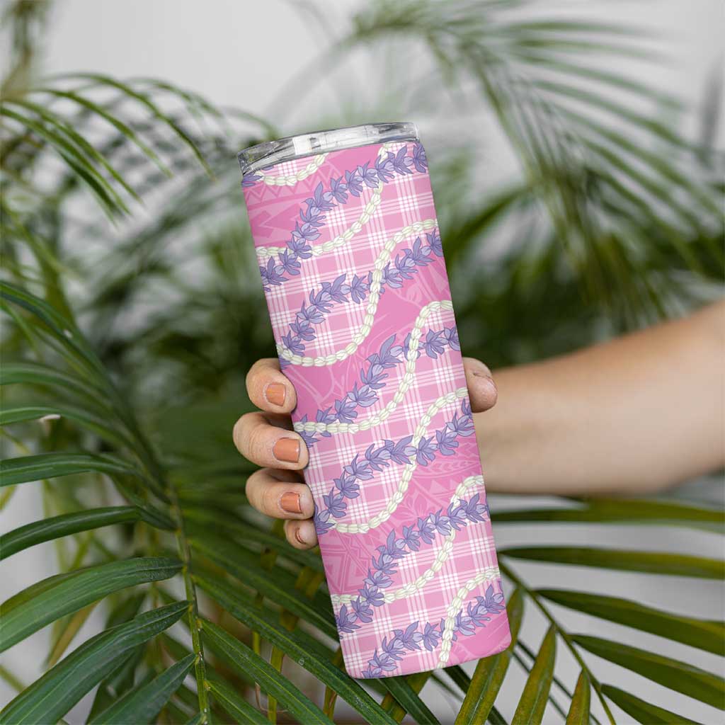 Pink Hawaii Palaka Honohono Pikake Skinny Tumbler Hawaiian Orchid Lei Polynesian Pattern - Polynesian Pride