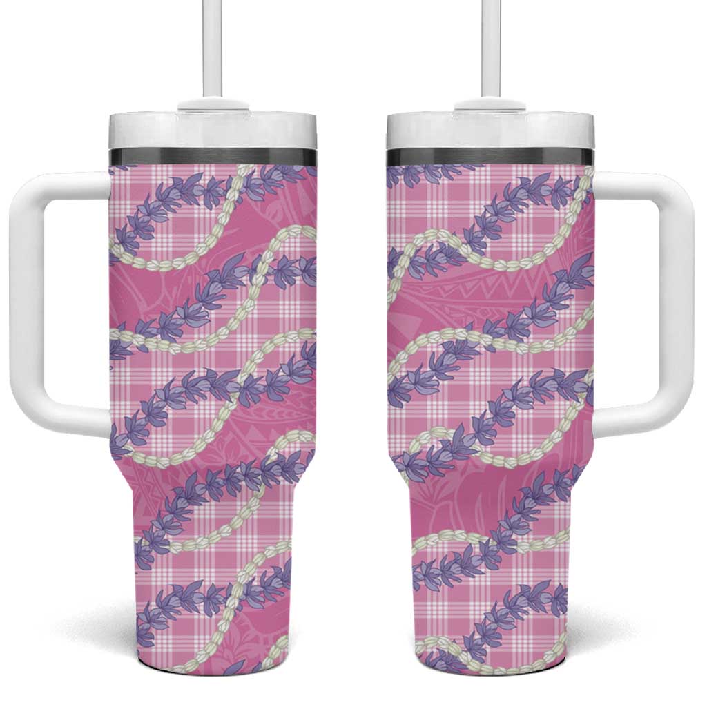 Pink Hawaii Palaka Honohono Pikake Tumbler With Handle Hawaiian Orchid Lei Polynesian Pattern - Polynesian Pride