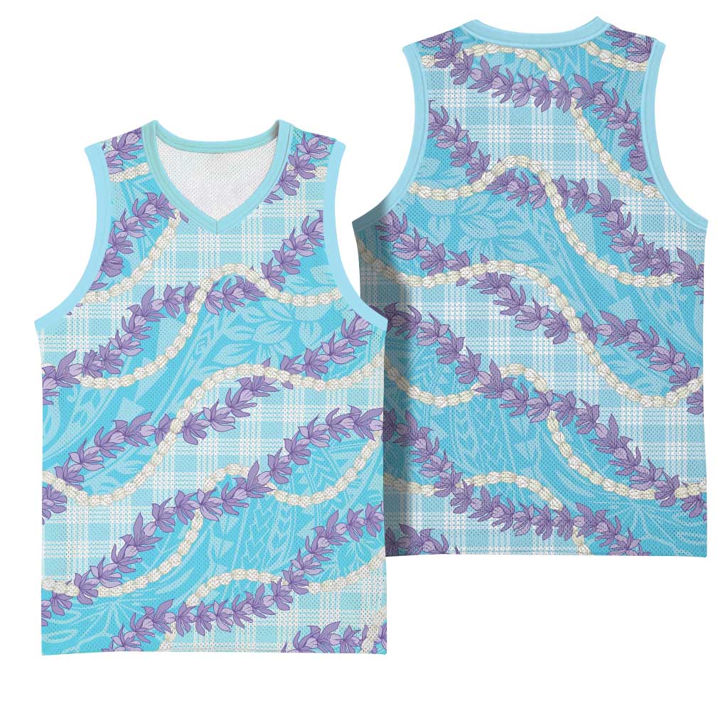 Blue Hawaii Palaka Honohono Pikake Basketball Jersey Hawaiian Orchid Lei Polynesian Pattern - Polynesian Pride