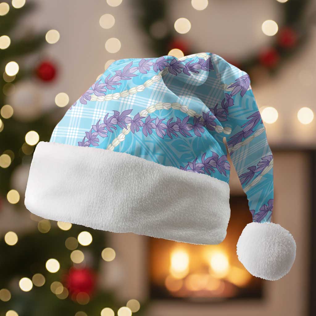 Blue Hawaii Palaka Honohono Pikake Christmas Santa Hat Hawaiian Orchid Lei Polynesian Pattern - Polynesian Pride