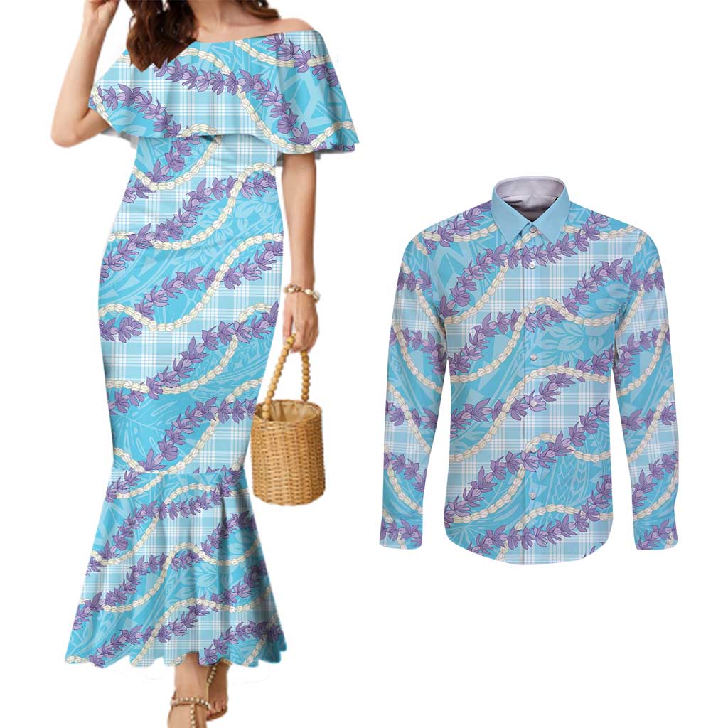 Blue Hawaii Palaka Honohono Pikake Couples Matching Mermaid Dress and Long Sleeve Button Shirt Hawaiian Orchid Lei Polynesian Pattern - Polynesian Pride