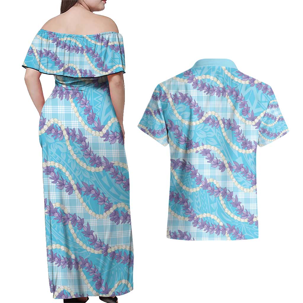 Blue Hawaii Palaka Honohono Pikake Couples Matching Off Shoulder Maxi Dress and Hawaiian Shirt Hawaiian Orchid Lei Polynesian Pattern - Polynesian Pride