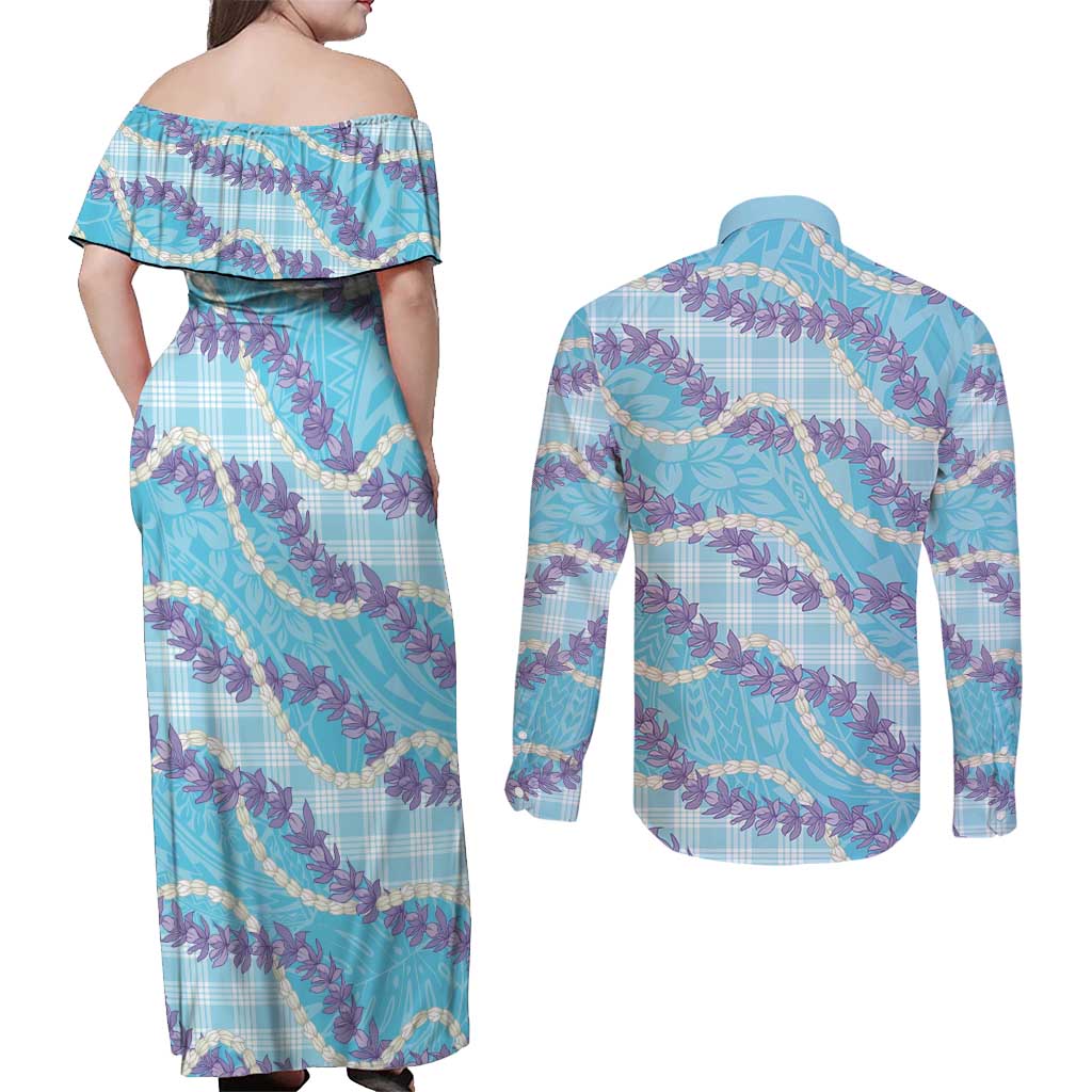 Blue Hawaii Palaka Honohono Pikake Couples Matching Off Shoulder Maxi Dress and Long Sleeve Button Shirt Hawaiian Orchid Lei Polynesian Pattern - Polynesian Pride