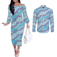 Blue Hawaii Palaka Honohono Pikake Couples Matching Off The Shoulder Long Sleeve Dress and Long Sleeve Button Shirt Hawaiian Orchid Lei Polynesian Pattern - Polynesian Pride
