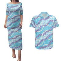 Blue Hawaii Palaka Honohono Pikake Couples Matching Puletasi and Hawaiian Shirt Hawaiian Orchid Lei Polynesian Pattern - Polynesian Pride