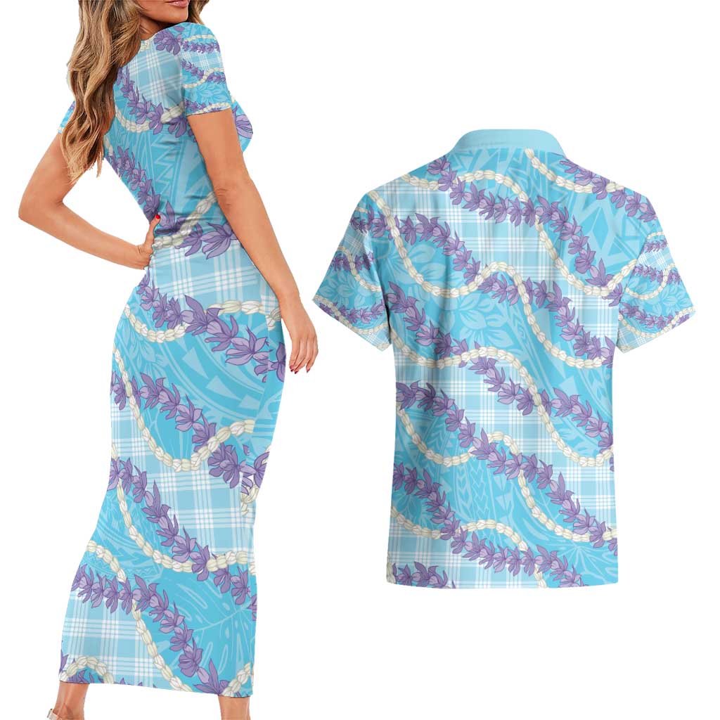 Blue Hawaii Palaka Honohono Pikake Couples Matching Short Sleeve Bodycon Dress and Hawaiian Shirt Hawaiian Orchid Lei Polynesian Pattern - Polynesian Pride