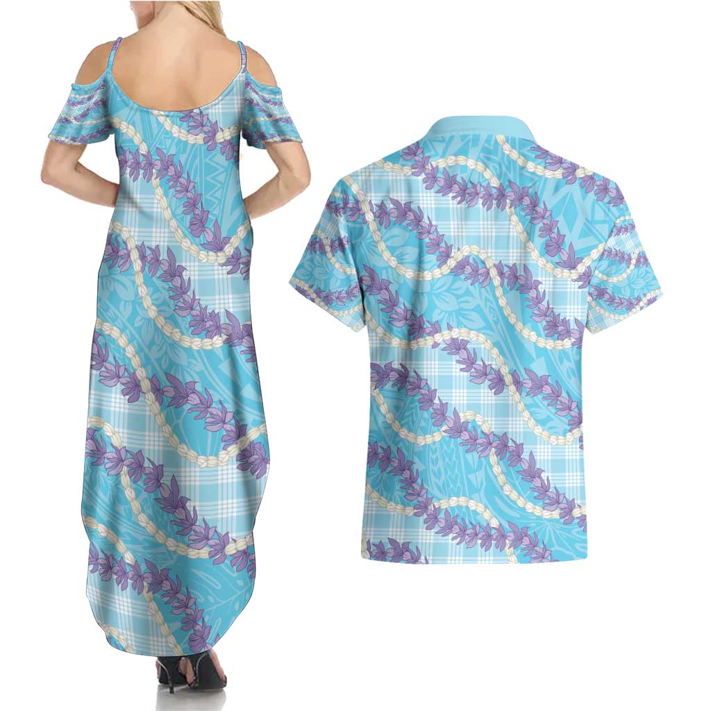 Blue Hawaii Palaka Honohono Pikake Couples Matching Summer Maxi Dress and Hawaiian Shirt Hawaiian Orchid Lei Polynesian Pattern - Polynesian Pride