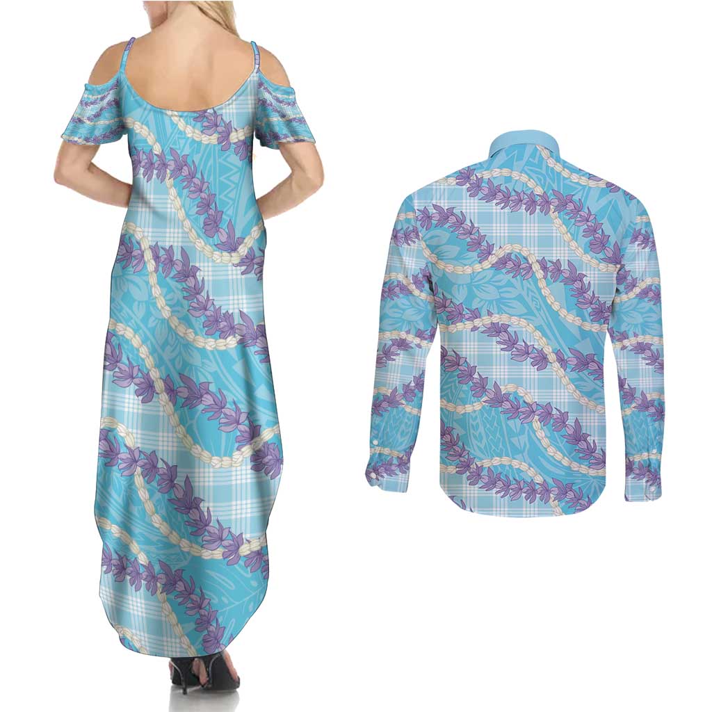 Blue Hawaii Palaka Honohono Pikake Couples Matching Summer Maxi Dress and Long Sleeve Button Shirt Hawaiian Orchid Lei Polynesian Pattern - Polynesian Pride
