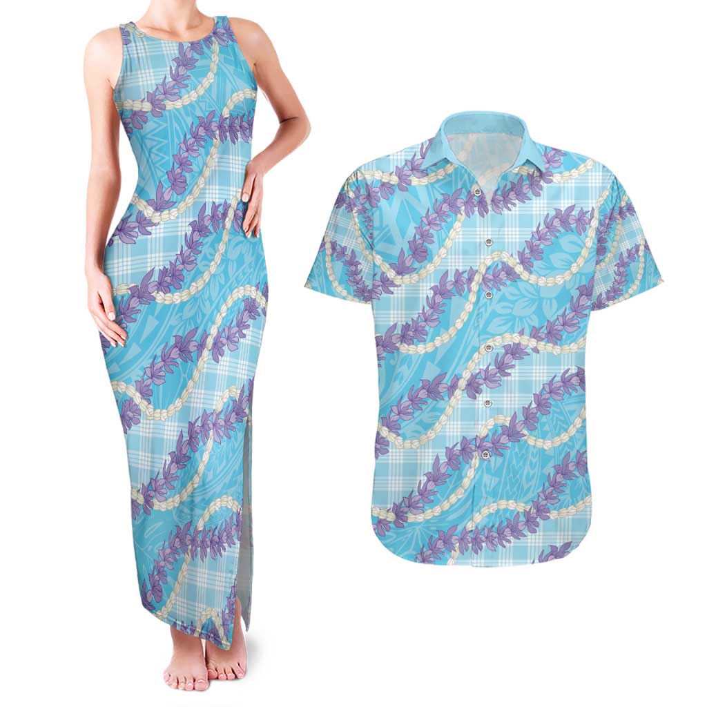 Blue Hawaii Palaka Honohono Pikake Couples Matching Tank Maxi Dress and Hawaiian Shirt Hawaiian Orchid Lei Polynesian Pattern - Polynesian Pride