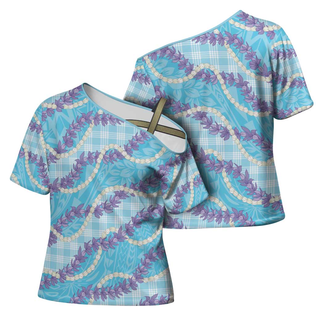 Blue Hawaii Palaka Honohono Pikake Cross Shoulder Shirt Hawaiian Orchid Lei Polynesian Pattern - Polynesian Pride