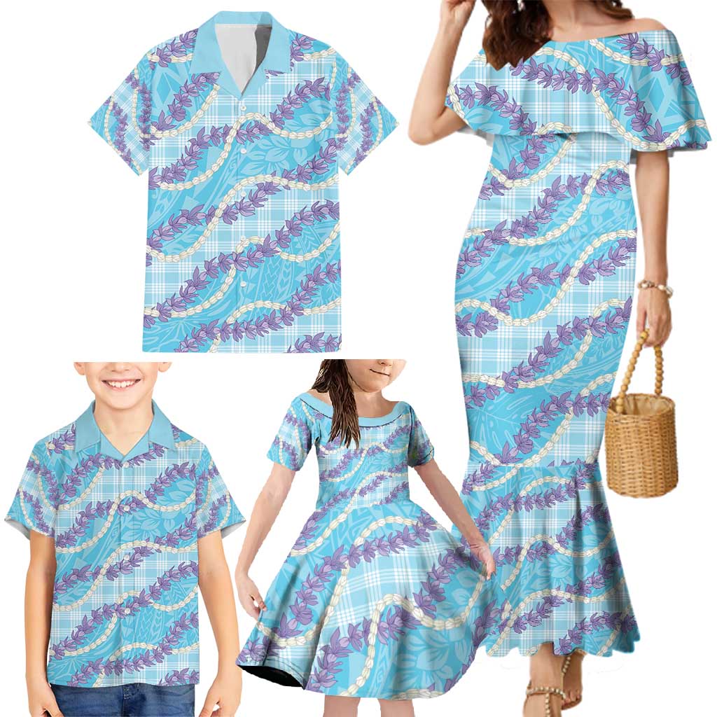 Blue Hawaii Palaka Honohono Pikake Family Matching Mermaid Dress and Hawaiian Shirt Hawaiian Orchid Lei Polynesian Pattern - Polynesian Pride