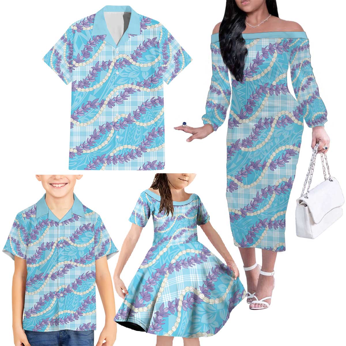 Blue Hawaii Palaka Honohono Pikake Family Matching Off The Shoulder Long Sleeve Dress and Hawaiian Shirt Hawaiian Orchid Lei Polynesian Pattern - Polynesian Pride