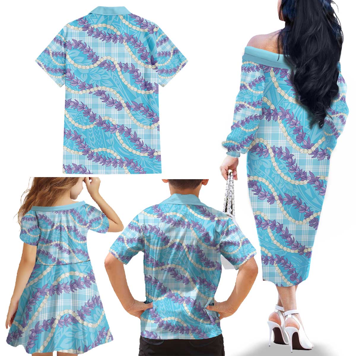 Blue Hawaii Palaka Honohono Pikake Family Matching Off The Shoulder Long Sleeve Dress and Hawaiian Shirt Hawaiian Orchid Lei Polynesian Pattern - Polynesian Pride