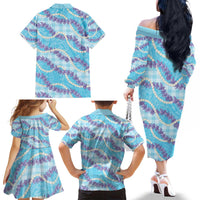 Blue Hawaii Palaka Honohono Pikake Family Matching Off The Shoulder Long Sleeve Dress and Hawaiian Shirt Hawaiian Orchid Lei Polynesian Pattern - Polynesian Pride