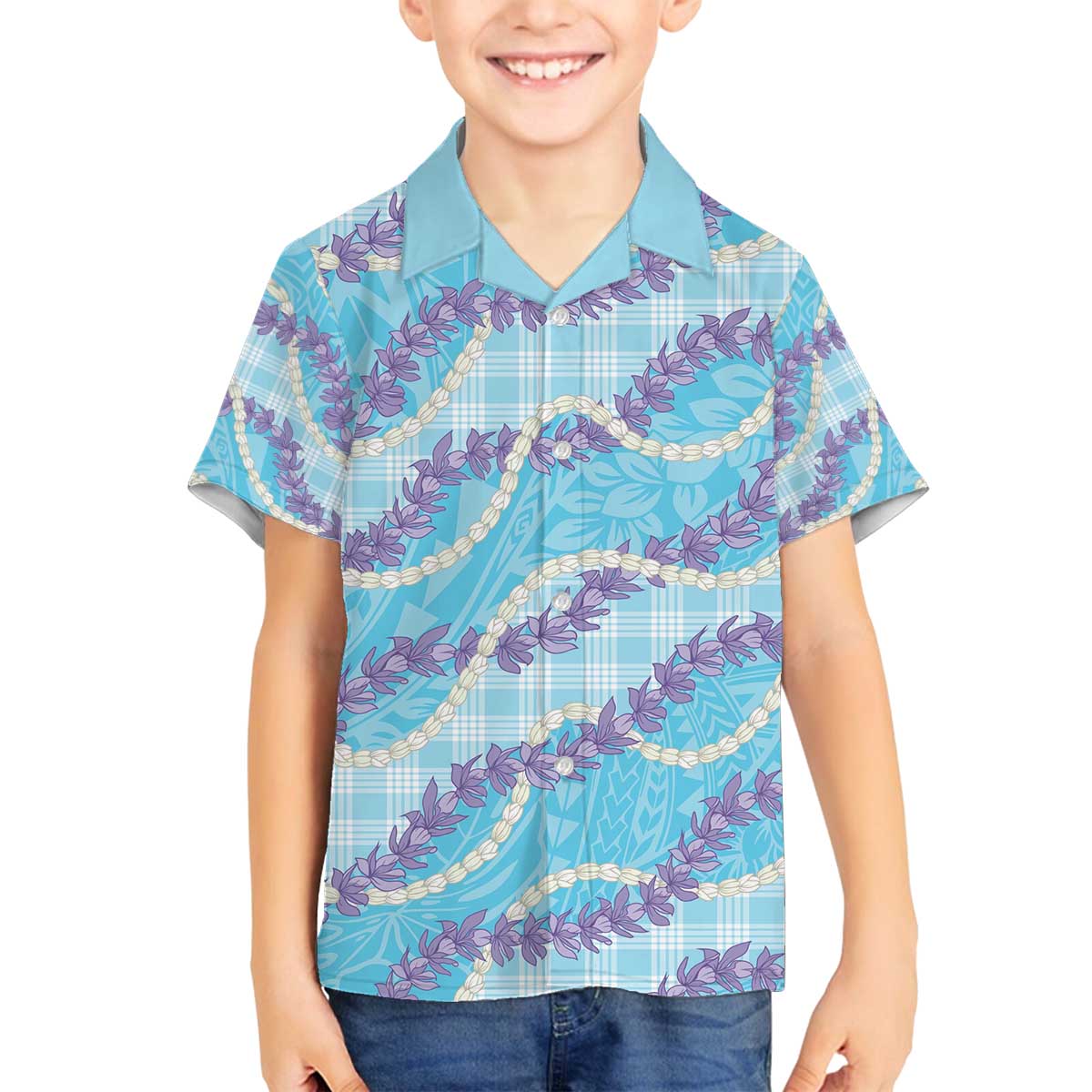 Blue Hawaii Palaka Honohono Pikake Family Matching Off The Shoulder Long Sleeve Dress and Hawaiian Shirt Hawaiian Orchid Lei Polynesian Pattern - Polynesian Pride