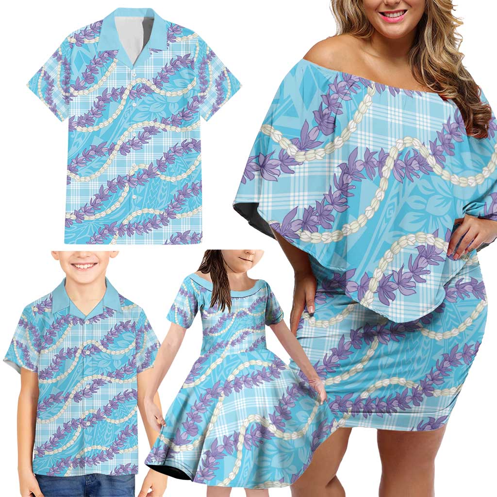 Blue Hawaii Palaka Honohono Pikake Family Matching Off Shoulder Short Dress and Hawaiian Shirt Hawaiian Orchid Lei Polynesian Pattern - Polynesian Pride