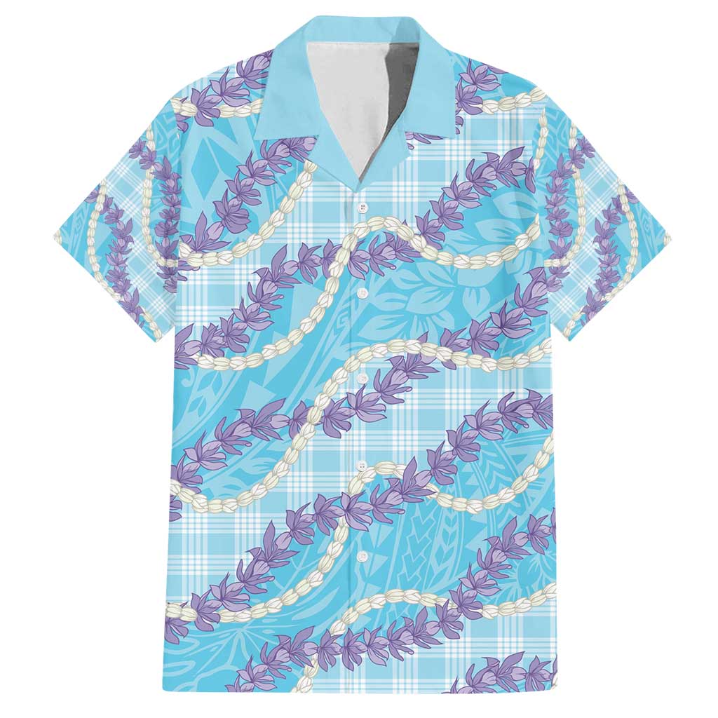 Blue Hawaii Palaka Honohono Pikake Family Matching Off Shoulder Short Dress and Hawaiian Shirt Hawaiian Orchid Lei Polynesian Pattern - Polynesian Pride