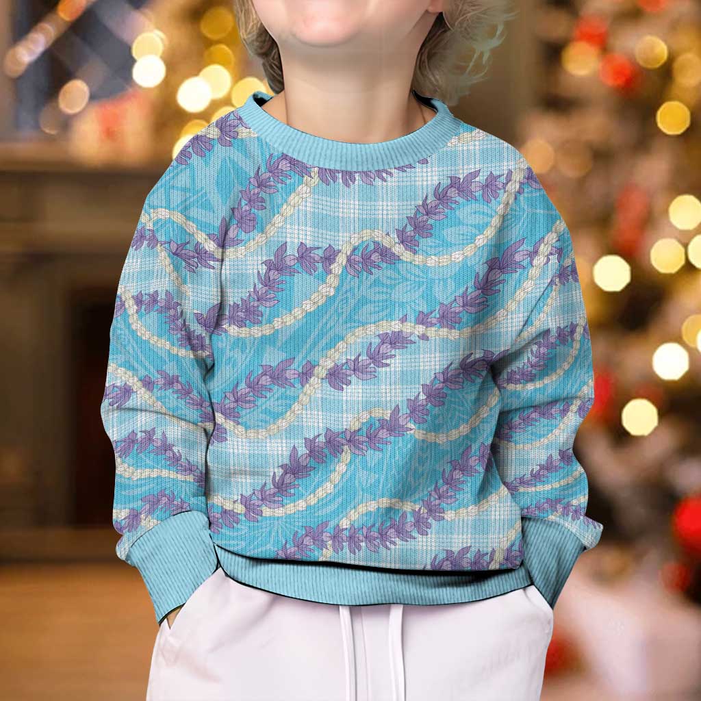 Blue Hawaii Palaka Honohono Pikake Kid Ugly Christmas Sweater Hawaiian Orchid Lei Polynesian Pattern - Polynesian Pride