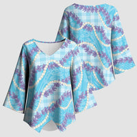 Blue Hawaii Palaka Honohono Pikake Kimono Sleeve Blouse Hawaiian Orchid Lei Polynesian Pattern - Polynesian Pride